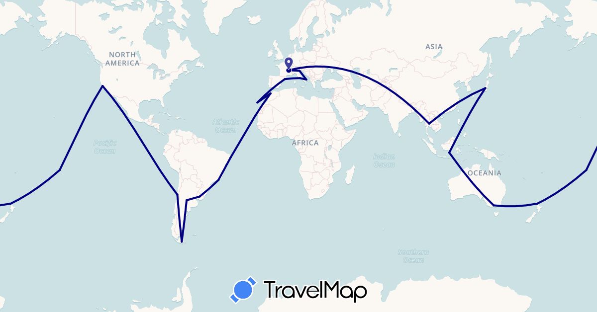 TravelMap itinerary: driving in Argentina, Australia, Brazil, Chile, Spain, France, Indonesia, Italy, Japan, Morocco, New Zealand, Thailand, United States, Uruguay (Africa, Asia, Europe, North America, Oceania, South America)